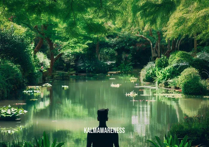 diana winston meditation _ Image: A serene park with a tranquil pond, surrounded by lush greenery and a meditating figure by the water. Image description: Seeking solace, the same person now sits serenely by a peaceful pond in a tranquil park, beginning their meditation journey.