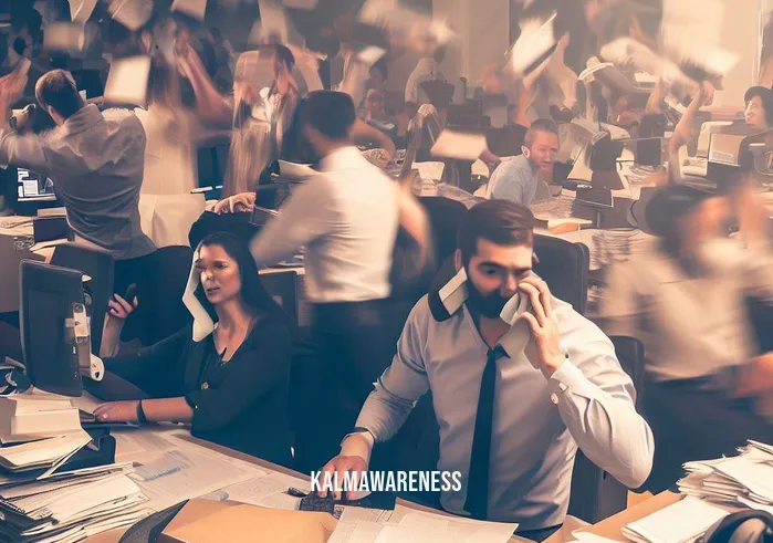 do nothing meditation _ Image: A crowded, noisy office with people hunched over their desks, phones in hand, and a palpable sense of stress in the air.Image description: Employees in a bustling office, frantically multitasking amidst ringing phones and piles of paperwork.