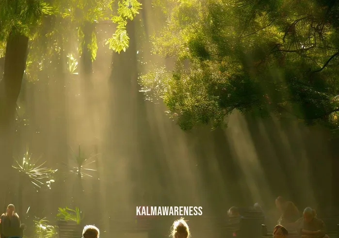 do nothing meditation _ Image: A serene park, bathed in dappled sunlight, with people sitting on benches, eyes closed, practicing deep breathing and mindfulness.Image description: Park-goers seated on benches, peacefully meditating, surrounded by lush greenery and gentle rays of sunlight filtering through the trees.