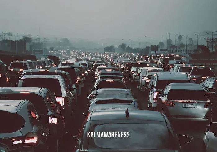 driving meditation _ Image: A crowded highway during rush hour, cars bumper-to-bumper, and stressed commuters behind the wheel.Image description: Gridlocked traffic, a sea of cars under a gray sky, commuters looking tense and impatient.