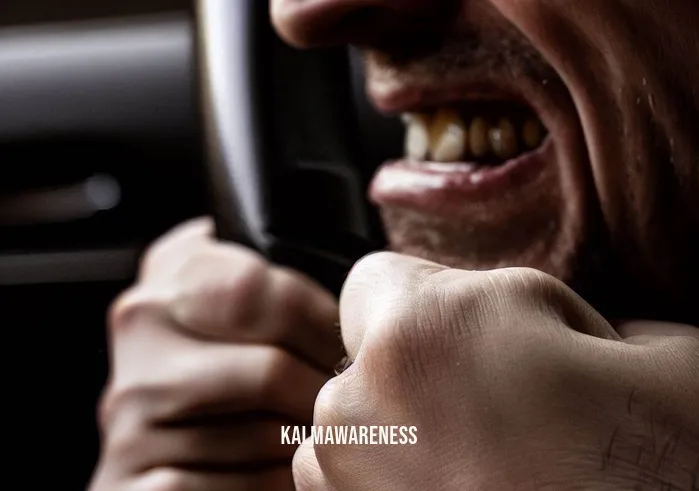 driving meditation _ Image: A close-up of a frustrated driver gripping the steering wheel, their face tense with road rage.Image description: A driver