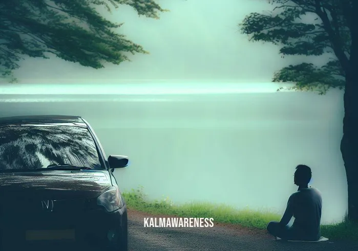 driving meditation _ Image: A serene lakeside road, the car parked beside it, as the driver sits inside, eyes closed, taking deep breaths.Image description: A tranquil lakeside scene, the car parked, the driver in a meditative posture, eyes peacefully closed.