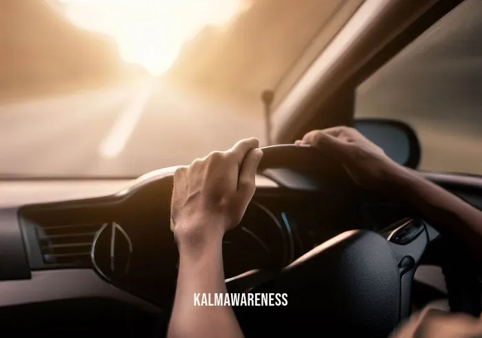 driving meditation _ Image: The same driver now behind the wheel, but with a relaxed smile, enjoying the open road with clear traffic ahead.Image description: The driver in a contented state, hands lightly resting on the steering wheel, driving peacefully on an open road.