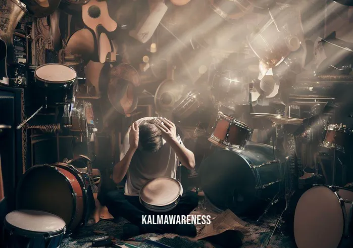 drumming meditation _ Image: A cluttered room with scattered drumming equipment and a stressed person surrounded by noise. Image description: A cluttered room filled with drumming equipment and a stressed individual struggling to find calm amidst the chaos.