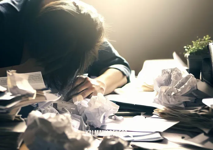 egg meditation _ Image: A cluttered desk with scattered papers and a stressed person hunched over it. Image description: A cluttered desk with scattered papers and a stressed person hunched over it.