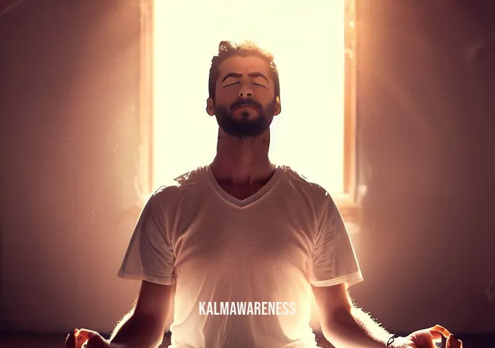 ego death meditation _ Image: The same person now in a serene, sunlit room, eyes closed in deep meditation, as if shedding the mental weight that once burdened them.Image description: As the sun