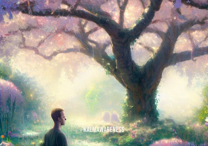 ego death meditation _ Image: A tranquil garden scene, with the person engaged in meditation under a blossoming tree, symbolizing growth and inner peace.Image description: In nature