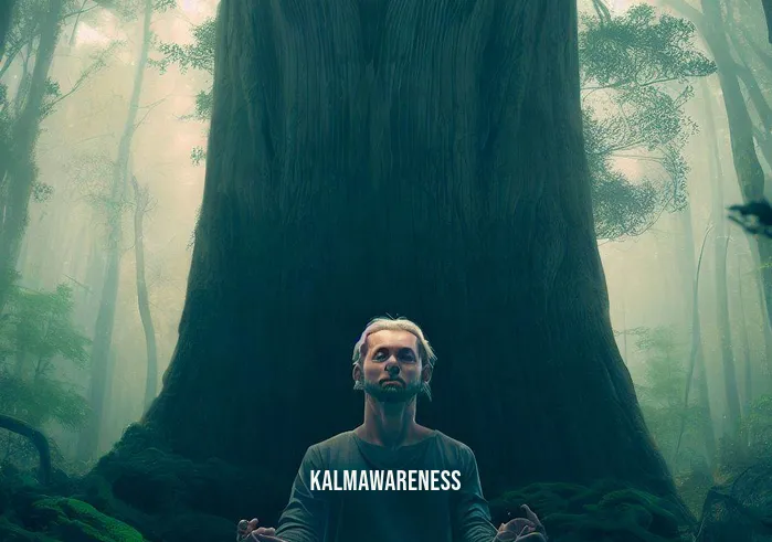 ego death through meditation _ Image: The same person, now in a serene forest, sits beneath a majestic tree. They meditate with a tranquil expression, and the forest seems to embrace them with its calm energy.Image description: Amidst a tranquil forest, the meditator finds solace beneath a towering tree. Their face is serene, and their thoughts have begun to settle, leading them towards ego dissolution.