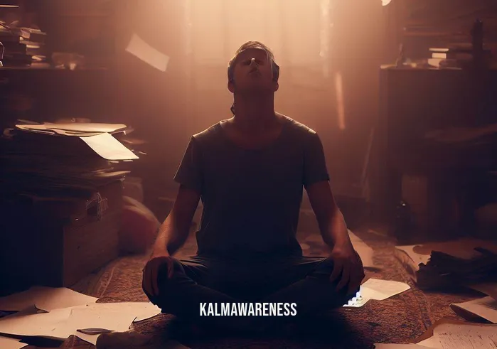 ego meditation _ Image: A person sitting cross-legged in a cluttered room, surrounded by scattered papers and distractions. Image description: A lone individual trying to meditate amidst a cluttered and chaotic environment.