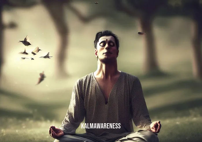 ego meditation _ Image: The same person, now in a serene park, sitting peacefully with eyes closed, birds chirping nearby. Image description: Finding solace in a tranquil natural setting, the meditator begins to find inner calm.