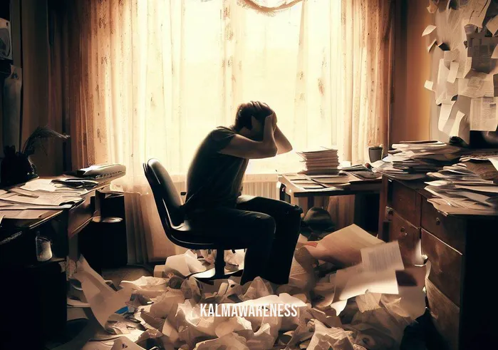 embodiment meditation _ Image: A cluttered and chaotic room with scattered papers, a disorganized desk, and a stressed-looking person sitting amidst the mess.Image description: A cluttered and chaotic environment symbolizing the mental and physical disarray in one