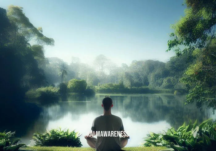 embodiment meditation _ Image: A serene natural setting with a person sitting cross-legged on a peaceful lakeside, surrounded by lush greenery, under a clear blue sky.Image description: A tranquil scene portraying the beginning of the embodiment meditation journey, where the individual seeks solace in nature