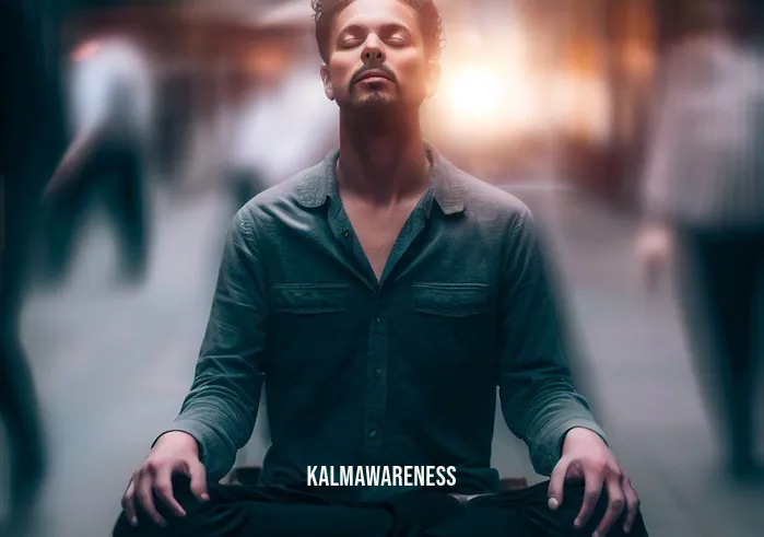 embodiment meditation _ Image: The same person from the previous image, now seated on a park bench, eyes closed, and a calm expression as they meditate amidst the urban hustle and bustle.Image description: The individual has found a moment of serenity within the urban chaos, embodying meditation to find inner peace.