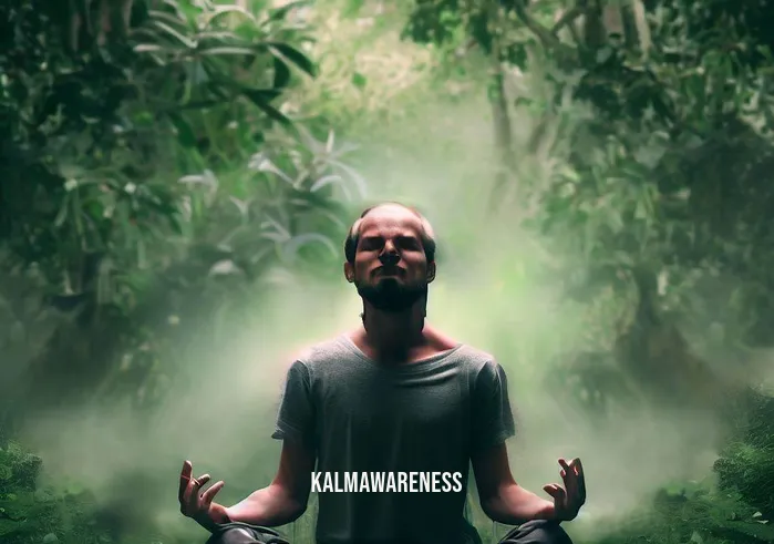 emotional awareness meditation _ Image: A person sitting cross-legged in a peaceful park, surrounded by nature, attempting to calm their racing mind.Image description: Amidst lush greenery, a person in meditation posture struggles to find inner peace, battling a turbulent sea of emotions.