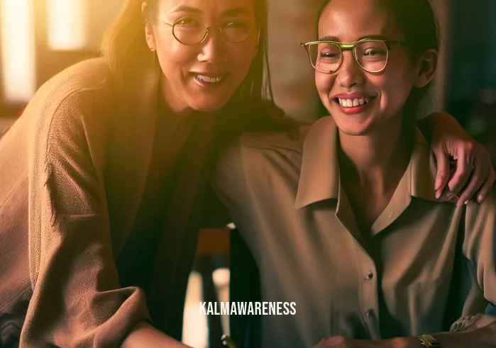 empathetic joy _ Image: The woman and her co-worker, now sharing a heartfelt smile, brainstorming ideas together in a warm, collaborative workspace.Image description: Their shared moment of empathetic connection transforms into positive collaboration and joy.