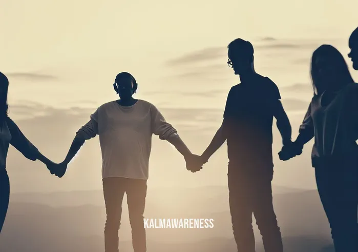 empowerment meditation _ Image: A group of diverse individuals holding hands in a circle, standing on a mountaintop, symbolizing unity and empowerment through meditation.Image description: A group of diverse individuals holding hands in a circle, standing on a mountaintop, symbolizing unity and empowerment through meditation.