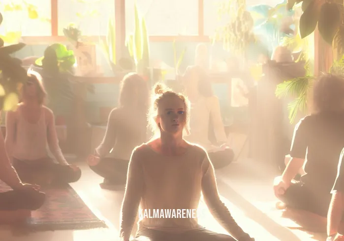 end of yoga meditation _ Image: A serene, sunlit room with participants sitting peacefully in lotus positions, eyes closed, surrounded by plants and calming decor.Image description: The yoga studio transforms into a tranquil oasis, with everyone now meditating peacefully, bathed in soft sunlight.