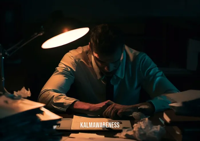 energy boost meditation _ Image: A dimly lit office with a tired, slouched worker at their desk, surrounded by clutter and paperwork.Image description: In a dimly lit office, a weary employee sits at their desk, hunched over a pile of paperwork, looking exhausted and drained.