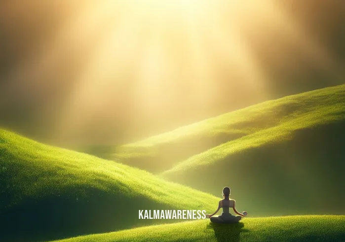 energy boost meditation _ Image: A serene natural landscape with a person in a yoga pose, meditating peacefully on a lush green hill, bathed in warm sunlight.Image description: Amidst a serene natural landscape, a person finds solace, practicing yoga on a lush green hill, basking in the warm embrace of sunlight.