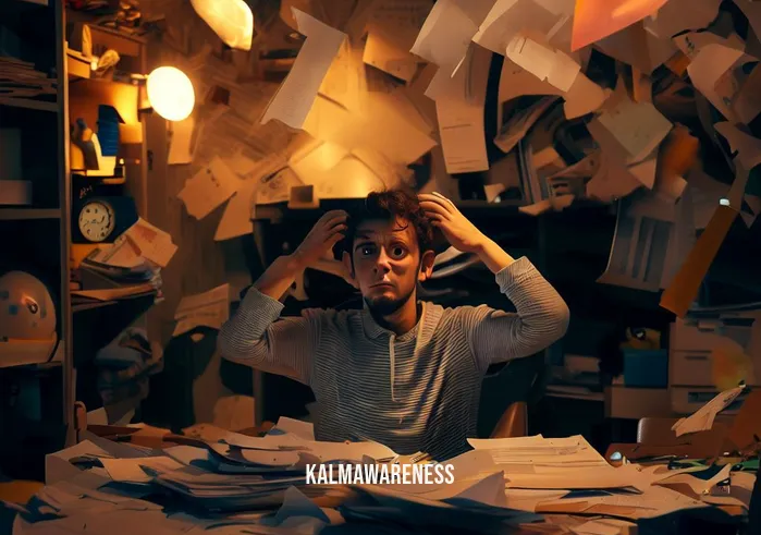 energy clearing meditation _ Image: A cluttered and chaotic room filled with disorganized papers, scattered objects, and a person looking stressed and overwhelmed.Image description: The room is in disarray, cluttered with papers, scattered objects, and a person looking stressed and overwhelmed by the chaos.