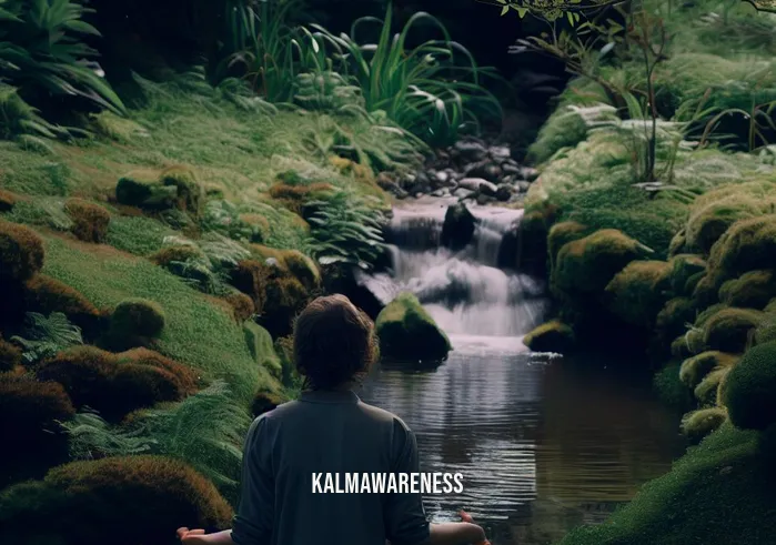 energy healing meditation _ Image: The same person has moved to a peaceful garden, sitting cross-legged beside a trickling stream.Image description: The individual has found solace in a tranquil garden, sitting cross-legged next to a serene stream.