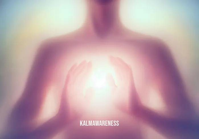 energy healing meditation _ Image: The person is now practicing energy healing meditation, hands gently hovering over their body, surrounded by a soft, radiant aura.Image description: With focused intent, the individual practices energy healing meditation, hands hovering above their body, bathed in a soft, radiant aura.