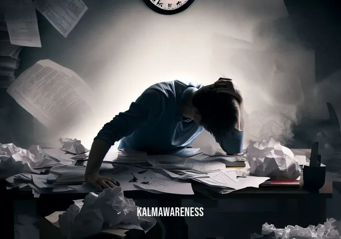 equanimity meditation script _ Image: A cluttered and chaotic room with scattered papers, a stressed person hunched over a desk, surrounded by unfinished tasks and a clock showing late hours.Image description: A disorganized workspace symbolizing stress and chaos, a person overwhelmed by their workload.
