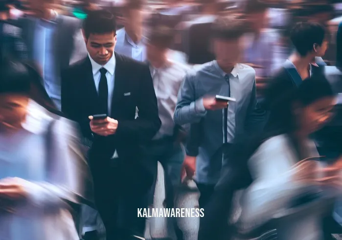 equanimity meditation _ Image: A bustling city street filled with people rushing by, lost in their thoughts and anxieties.Image description: Crowds of people in business attire, hunched over smartphones, walking briskly amid the urban chaos.