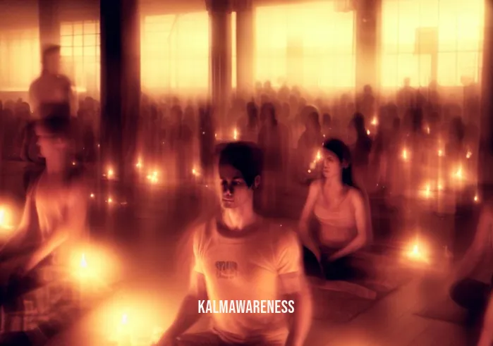 equanimity meditation _ Image: A crowded and noisy gym, with people vigorously working out, their faces displaying stress and exhaustion.Image description: The gym, now transformed into a yoga studio, bathed in soothing candlelight, as people engage in equanimity meditation, radiating peace.