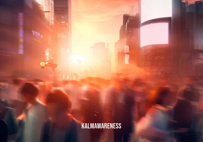 eye meditation _ Image: A bustling cityscape at sunset, with people rushing about in a chaotic, stressful environment.Image description: In the midst of urban chaos, commuters stand squinting and straining their eyes amidst glaring screens and bright billboards.