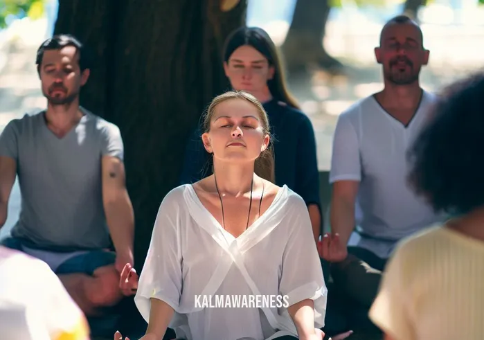 eye meditation _ Image: A group of people seated in a circle under the shade of a large tree, with closed eyes and serene expressions, engaging in a guided eye meditation session.Image description: Guided by an instructor, people meditate with closed eyes, gradually letting go of their eye strain, finding a sense of inner calm.