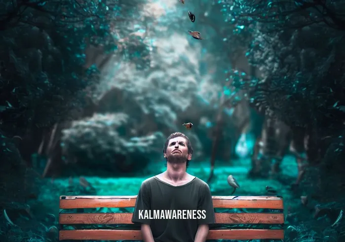 faith based meditation _ Image: A person sitting on a park bench amidst nature, eyes closed, with a serene expression, surrounded by lush greenery and chirping birds.Image description: In stark contrast to the previous image, this one showcases a serene moment in nature, where a person finds solace and peace through meditation.