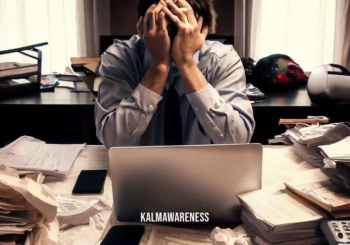 faith based meditation _ Image: A cluttered and cluttered home office, with a disheveled desk covered in work papers, a laptop, and a stressed individual with their head in their hands.Image description: This image portrays the overwhelming stress of work and daily responsibilities, emphasizing the need for a shift towards faith-based meditation.