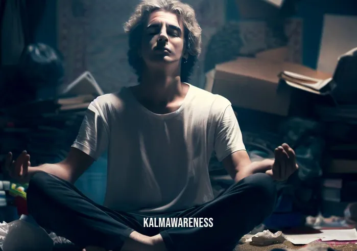 keep it simple meditations _ Image: A person sitting cross-legged on the floor in the same cluttered room, attempting to meditate. Their eyes are closed, but their face shows frustration.Image description: Amidst the mess, the individual struggles to find calm, their tense expression revealing the challenge of tuning out the chaos.