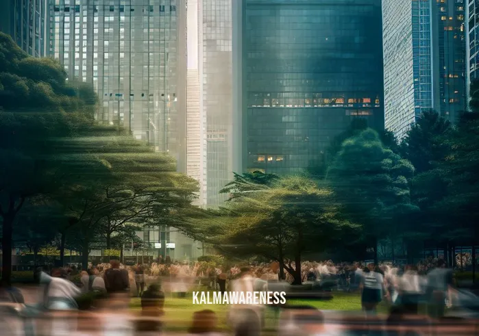 fall meditation _ Image: A bustling city park filled with people in a rush, surrounded by tall skyscrapers. Image description: In the heart of the city, people rush past a serene park, their faces marked by stress and distraction.