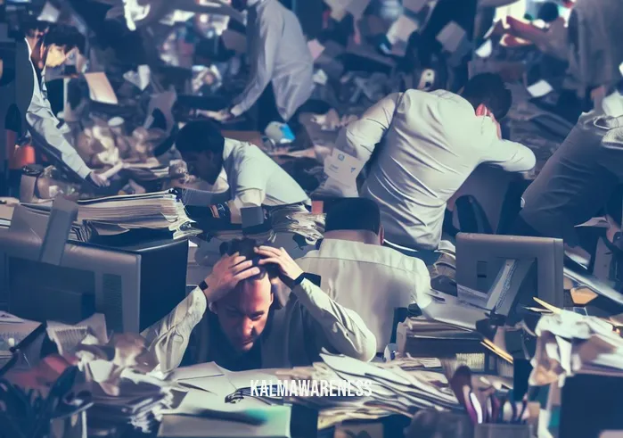 fasting and meditation _ Image: A crowded, chaotic office with people hunched over their desks, stressed expressions, and cluttered desks.Image description: An office filled with people working frantically amidst papers and clutter, portraying the chaos of daily life.