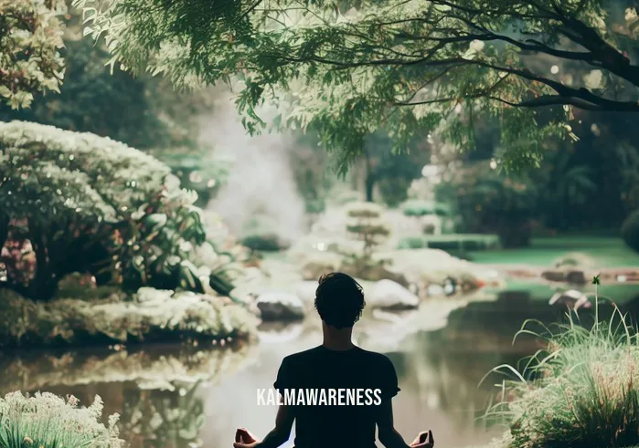 fasting and meditation _ Image: A serene park with a pond, where a person is sitting cross-legged, eyes closed, meditating peacefully.Image description: A tranquil park scene with a serene pond, showcasing a person meditating with eyes closed, finding solace amidst nature