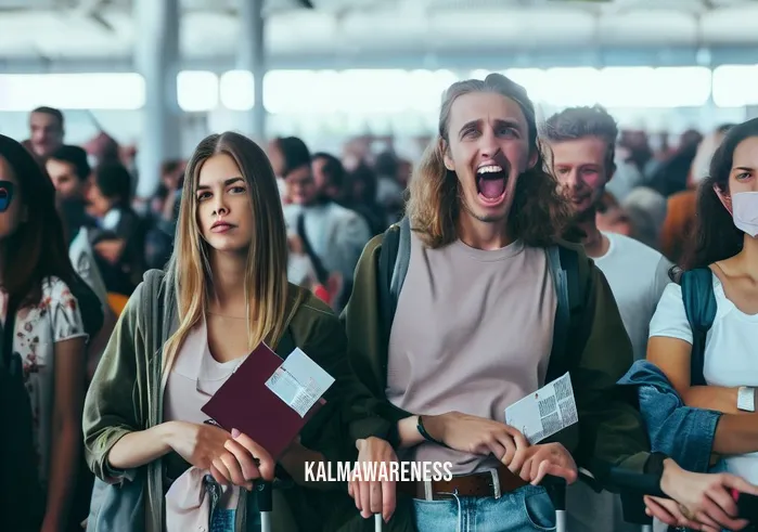 fear of flying meditation _ Image: A crowded airport terminal filled with anxious passengers, clutching their boarding passes and looking apprehensive.Image description: Passengers waiting nervously at the departure gate, fear of flying evident in their expressions.