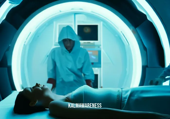 female body scan _ Image: The woman lies still on the scanning bed, surrounded by the futuristic technology, with medical professionals monitoring nearby.Image description: She undergoes the body scan, her face a mix of curiosity and nervousness, while specialists observe the procedure.