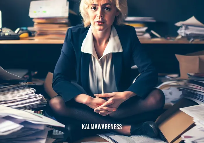 fertility meditation _ Image: A woman sits cross-legged on a cluttered desk, surrounded by paperwork and a chaotic work environment, looking stressed and overwhelmed.Image description: A woman in her mid-30s, dressed in professional attire, sits amidst a disorganized office space, her forehead furrowed with stress. Papers and files are strewn all around her, hinting at her busy and chaotic life.