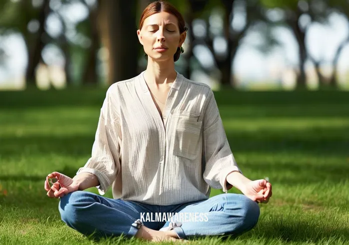 fertility meditation _ Image: The same woman is now outdoors, sitting on a grassy knoll in a serene park, with her eyes closed and hands resting gently on her lap.Image description: The woman has moved from her cluttered office to a peaceful park. She sits on a green, grassy hill, surrounded by trees and nature. Her face is calm, and she seems to be finding solace in the natural environment.
