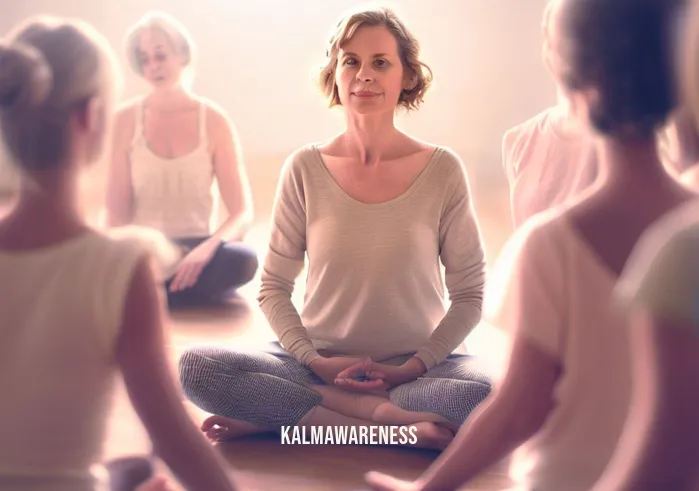 fertility meditation _ Image: A group of women in a circle, including the original woman, practice yoga together in a studio with soft lighting, creating a sense of community and relaxation.Image description: The woman has joined a group of like-minded individuals in a yoga studio. They sit in a circle, practicing yoga and meditation. The soft, warm lighting creates a soothing atmosphere, and a sense of community and support is evident among the participants.