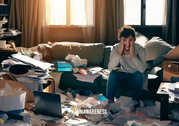 living life fully daily meditation _ Image: A cluttered, chaotic living room with scattered papers, a laptop, and a stressed person sitting amidst the mess.Image description: A cluttered, chaotic living room with scattered papers, a laptop, and a stressed person sitting amidst the mess.