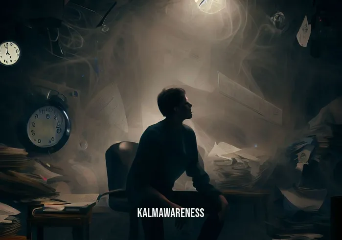 floating in space meditation _ Image: A person in a cluttered, chaotic room, surrounded by distractions and stress-inducing elements.Image description: In a dimly lit room on Earth, a person sits amidst cluttered paperwork, electronic devices buzzing, and a clock ticking relentlessly.