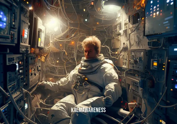 floating in space meditation _ Image: The same person, now wearing a spacesuit, floats in a cramped and cluttered spaceship, looking overwhelmed and stressed.Image description: In the confined quarters of a spaceship, the individual floats amidst tangled cables, blinking control panels, and a disarray of scientific instruments.