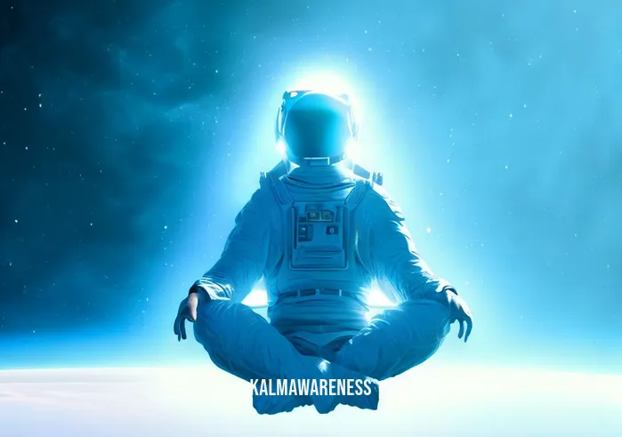 floating in space meditation _ Image: The person is now meditating in a serene, weightless environment, surrounded by a calm, blue aura and a sense of tranquility.Image description: Floating in the vastness of space, the astronaut meditates, bathed in a soothing blue light, completely detached from earthly concerns.