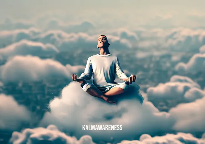 floating on a cloud meditation _ Image: The individual is floating on a fluffy white cloud high above the city, meditating peacefully.Image description: They are in a state of deep meditation, completely detached from the chaos below, finding tranquility amidst the clouds.