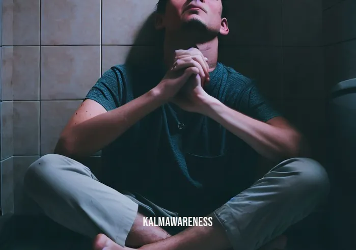 flushing meditation _ Image: A person sits cross-legged on the bathroom floor, looking visibly stressed with their eyes closed and hands clenched.Image description: A person in casual clothing sits cross-legged on the tiled bathroom floor. Their face is contorted with stress, and they clasp their hands tightly, showing signs of tension and anxiety.