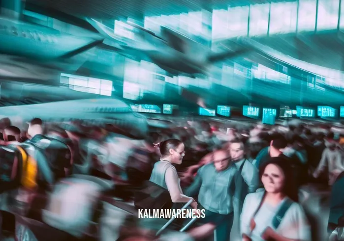 flying meditation _ Image: A crowded airport terminal filled with stressed travelers rushing to catch their flights. Image description: Passengers in a bustling airport, clutching boarding passes, anxiety evident on their faces as they scramble amidst the chaos.