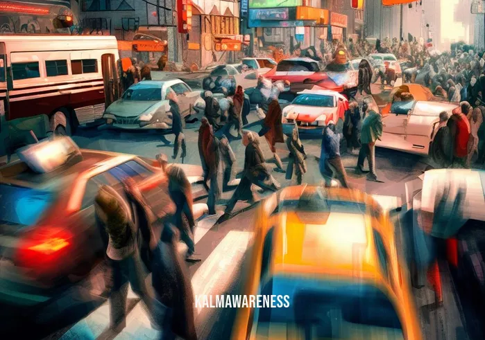 flying meditation _ Image: A busy urban street corner, people hailing taxis, honking cars, and rushing by. Image description: The hectic city street corner, with taxis, pedestrians, and honking vehicles, representing the relentless urban chaos.